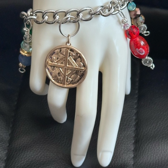 Handmade Charm Bracelet Artisan Bohemian 7 Dangle Beads Glass and Natural 4343 - Picture 1 of 9